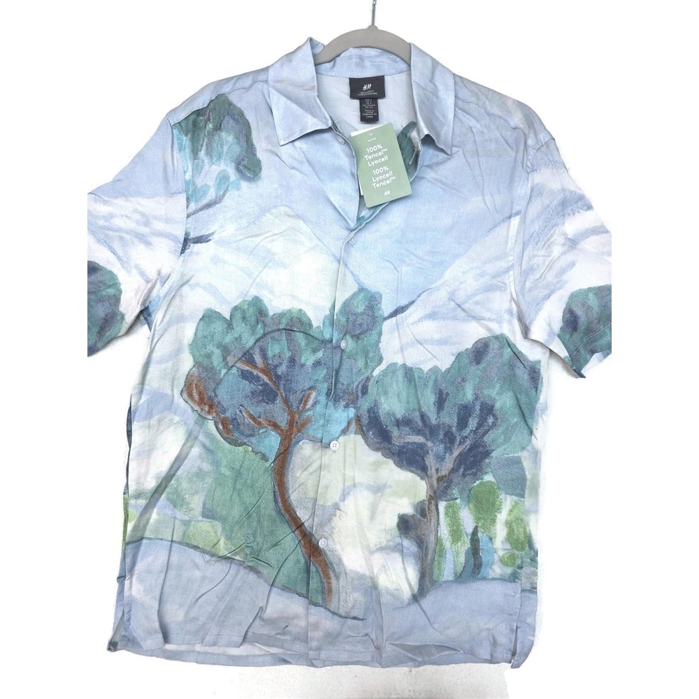 H&M Men's Regular Fit Button Up Shirt Small Tree Print Lyocell Blue Green - Picture 1 of 7
